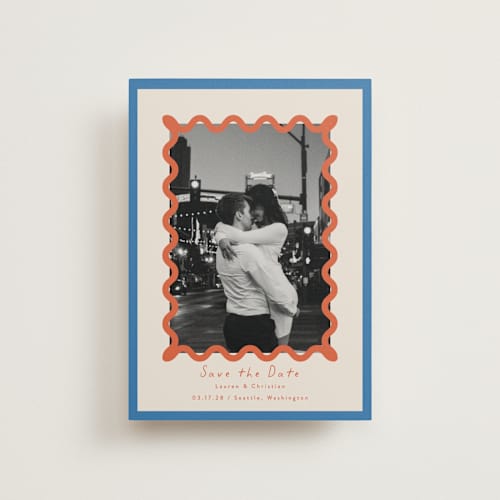 This is a papaya save the date postcards with standard by Blustery August called party squiggle printing on signature in postcard