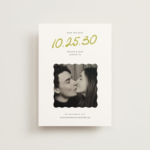 This is a chartreuse save the date postcards with standard by Sarah Brown called cascade printing on signature in postcard