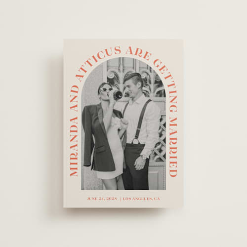 This is a persimmon save the date postcards with standard by Sarah Cohn called surrounding printing on signature in postcard