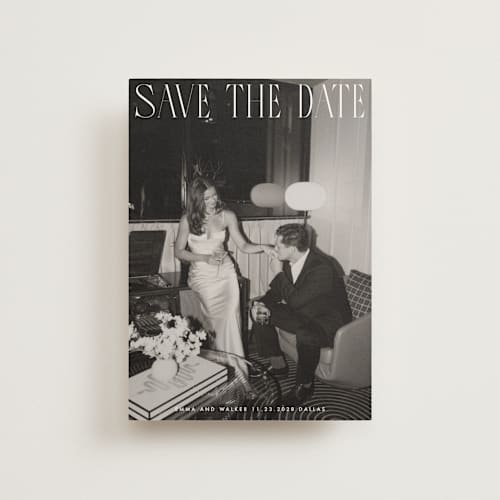 This is a snow save the date postcards with standard by Maja Cunningham called classic timeless printing on signature in postcard