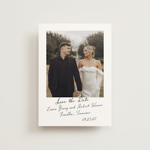 This is a snow save the date postcards with standard by Sara Hicks Malone called vintage script printing on signature in postcard