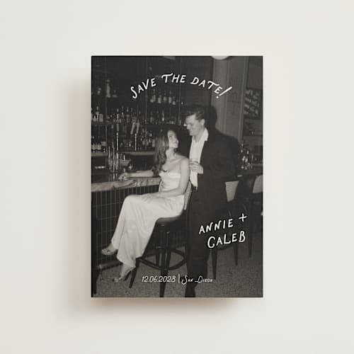 This is a ivory save the date postcards with standard by Stephanie Heinrich Godbout called lovers printing on signature in postcard