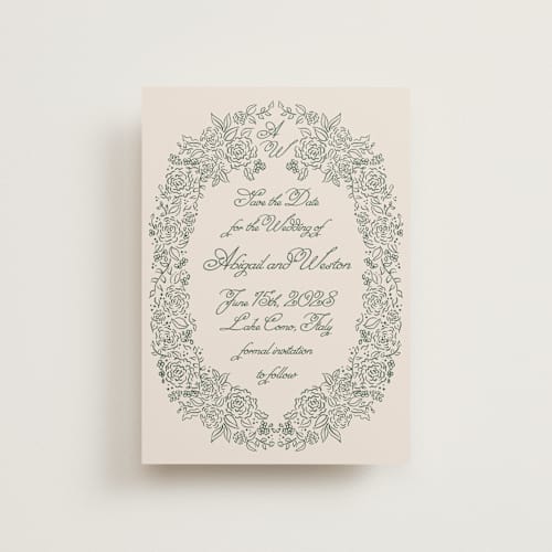 This is a moss save the date postcards with standard by Tamara Hilje called crest florale printing on signature in postcard