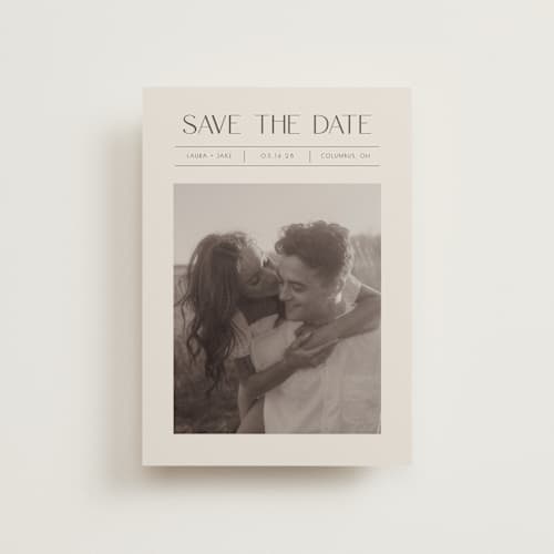 This is a mist save the date postcards with standard by Christy Hy Lee called you and me printing on signature in postcard
