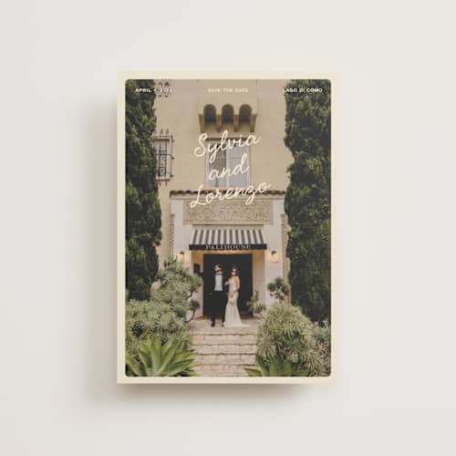 This is a cream save the date postcards with standard by Ellen Schlegelmilch called sylvia printing on signature in postcard
