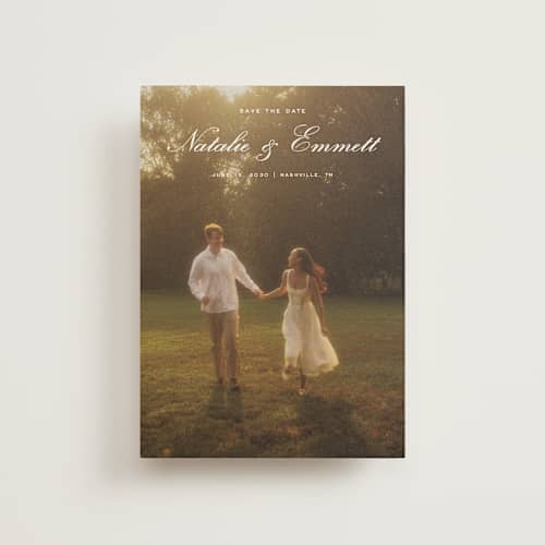 This is a ivory save the date postcards with standard by Emily Betts called story printing on signature in postcard