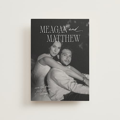 This is a pearl save the date postcards with standard by Mellary Bitner called cover shot printing on signature in postcard