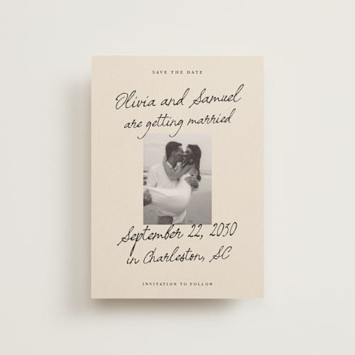 This is a linen save the date postcards with standard by Kercia Jane called written in love printing on signature in postcard