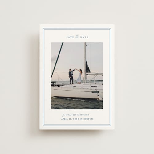 This is a ocean save the date postcards with standard by Carolyn MacLaren called boathouse printing on signature in postcard