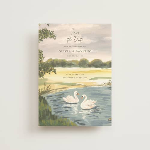This is a lake save the date postcards with standard by Teju Reval called dreamy pond printing on signature in postcard