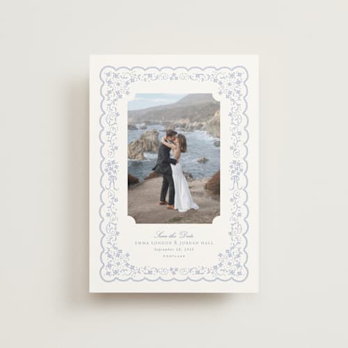 This is a something blue save the date postcards with standard by Erin L. Wilson called tillie printing on signature in postcard