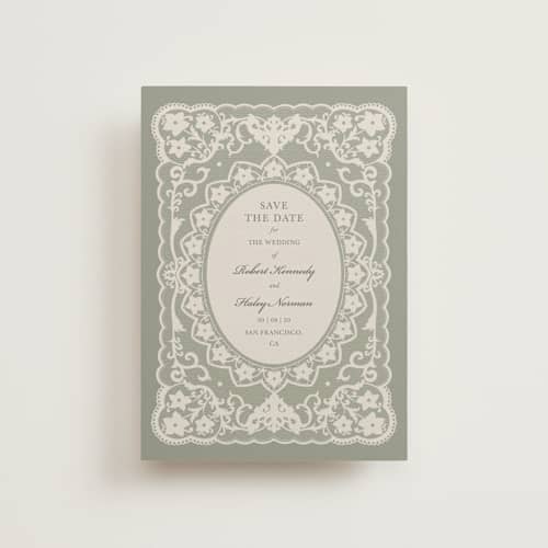 This is a sage save the date postcards with standard by Zove Ahhh called written in romance printing on signature in postcard