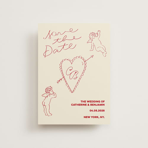 This is a cream save the date postcards with standard by Helena Vitto called crazy little thing called love printing on signature in postcard