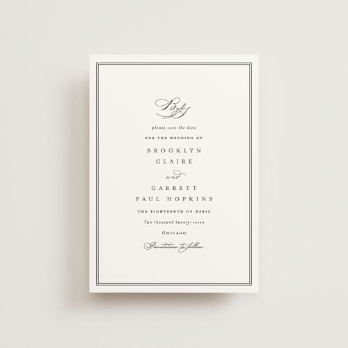 This is a noir save the date postcards with standard by Amy Kross called overlapping printing on signature in postcard