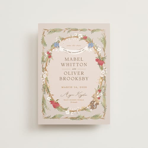 This is a forest floor save the date postcards with standard by Erin L. Wilson called disney’s snow white someday printing on signature in postcard