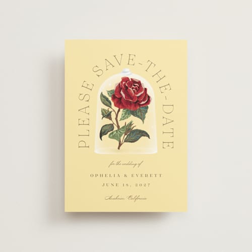 This is a minosa save the date postcards with standard by Leah Bisch called enchanted rose from disney's beauty & the beast printing on signature in postcard