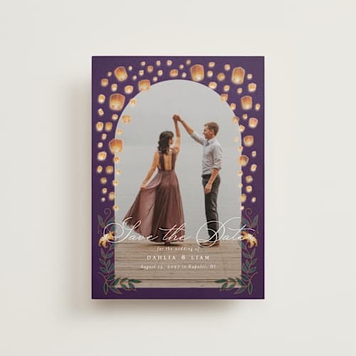 This is a twilight save the date postcards with standard by Simona Camp called disney's tangled lanterns printing on signature in postcard