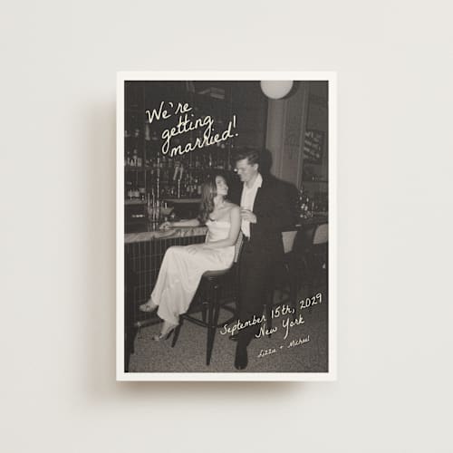 This is a sublime save the date postcards with standard by Helena Vitto called birds of paradise printing on signature in postcard