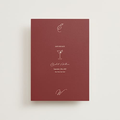 This is a burgundy save the date postcards with standard by Helena Vitto called elizabeth printing on signature in postcard