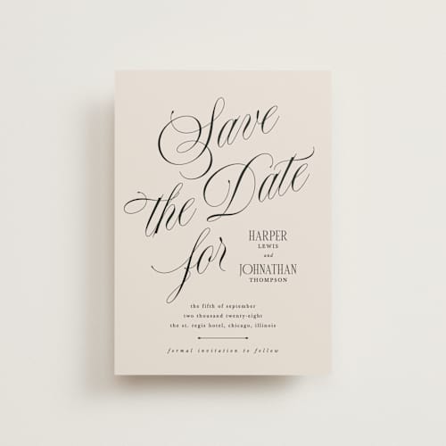 This is a linen save the date postcards with standard by Kate Ahn called mirin printing on signature in postcard