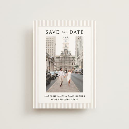 This is a latte save the date postcards with standard by First Rodeo Design called classic stripe printing on signature in postcard