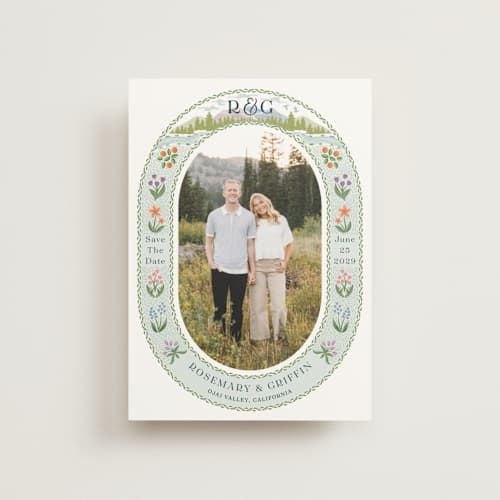 This is a pine save the date postcards with standard by Paper Sun Studio called river valley printing on signature in postcard