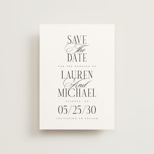 This is a obsidian save the date postcards with standard by Jennifer Postorino called stacked type printing on signature in postcard