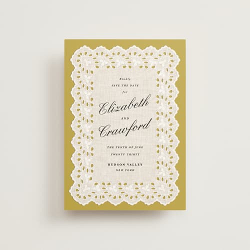 This is a citrine save the date postcards with standard by Olivia Kanaley Inman called eyelet printing on signature in postcard