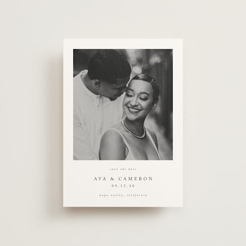 This is a onyx save the date postcards with standard by Jennifer Postorino called simple elegance printing on signature in postcard
