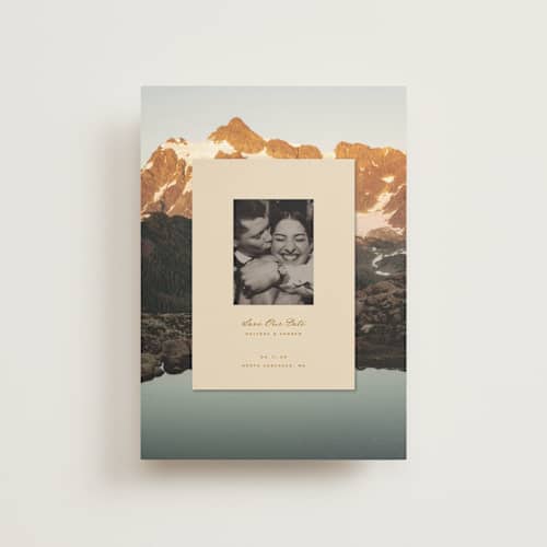 This is a sand save the date postcards with standard by Claudia Orengo called location printing on signature in postcard