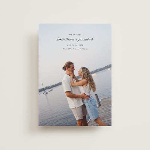 This is a tuxedo save the date postcards with standard by Michelle Buckner called horizon printing on signature in postcard