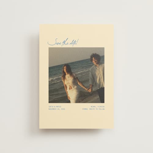This is a beachy save the date postcards with standard by Design Lotus called the summer we said yes printing on signature in postcard