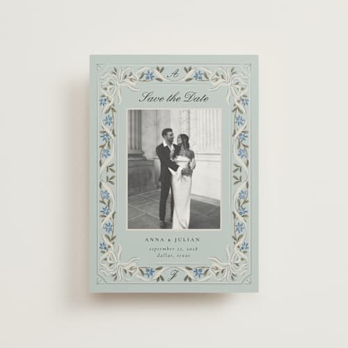 This is a sky save the date postcards with standard by Ana de Sousa called romantic elegance printing on signature in postcard