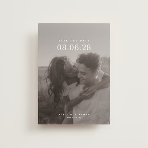 This is a moonstone save the date postcards with standard by Lucrecia Caporale called classic big date printing on signature in postcard