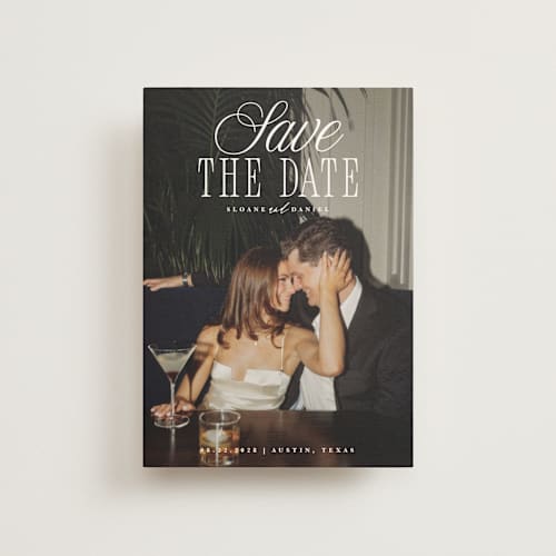 This is a porcelain save the date postcards with standard by Maria Alou called his & hers printing on signature in postcard