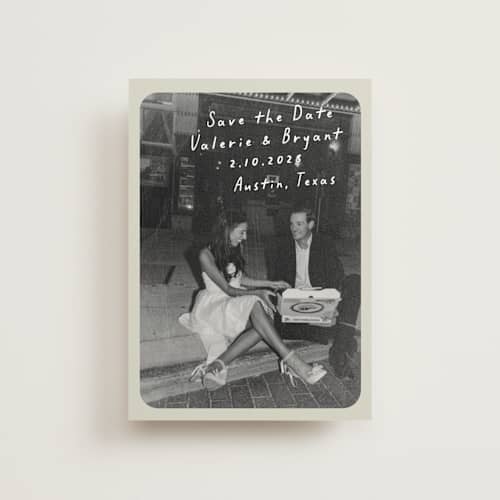 This is a toasted marshmallow save the date postcards with standard by Anna Elder called film printing on signature in postcard