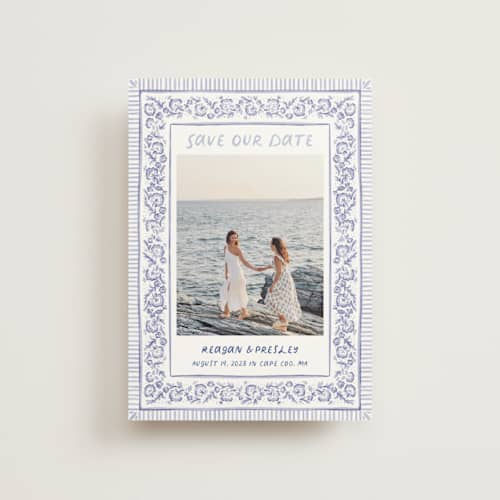 This is a cerulean save the date postcards with standard by Jenna Holcomb called provincial printing on signature in postcard