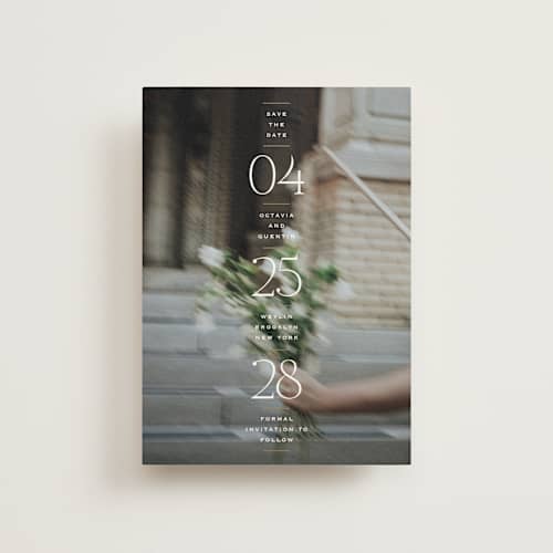 This is a chiffon save the date postcards with standard by Heather Schertzer called updated printing on signature in postcard