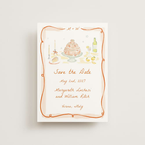 This is a flame save the date postcards with standard by Pati Cascino called giardino printing on signature in postcard