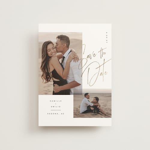 This is a ink save the date postcards with foil pressed by Kristie Kern called flirt printing on signature in postcard