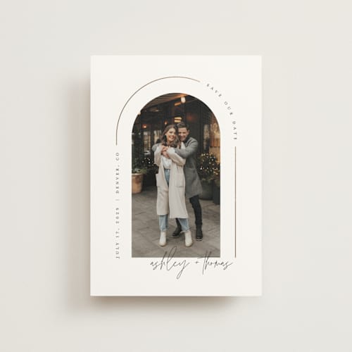 This is a silk save the date postcards with foil pressed by Kelly Schmidt called arch printing on signature in postcard
