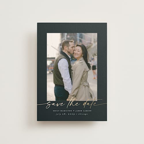 This is a midnight save the date postcards with foil pressed by Nicole Walsh called wrapped printing on signature in postcard