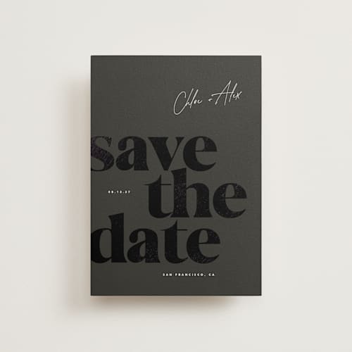 This is a evening save the date postcards with foil pressed by Eric Clegg called retro printing on signature in postcard
