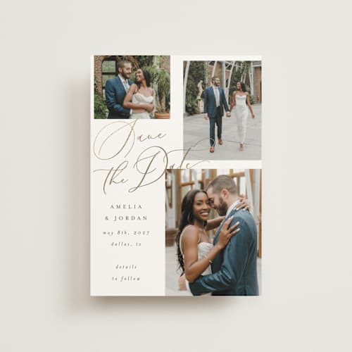 This is a snow save the date postcards with foil pressed by AK Graphics called whimsy printing on signature in postcard