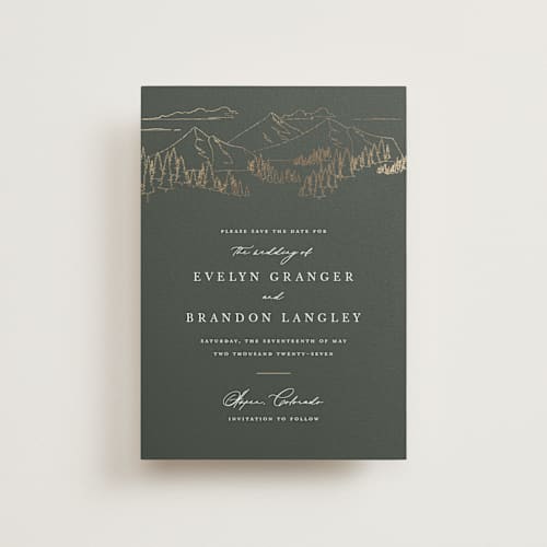 This is a hunter save the date postcards with foil pressed by Sarah Brown called peaks printing on signature in postcard