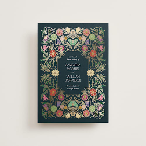 This is a midnight garden save the date postcards with foil pressed by Simona Camp called gilded tapestry printing on signature in postcard