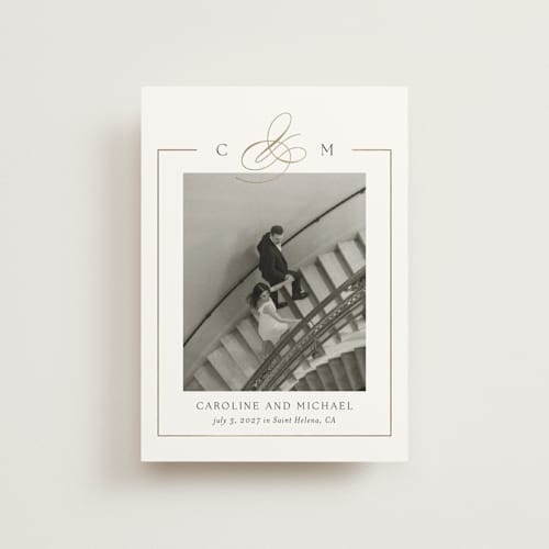 This is a silk save the date postcards with foil pressed by Kelly Schmidt called framed monogram printing on signature in postcard