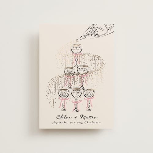 This is a petal save the date postcards with foil pressed by Jackie Crawford called sparkling champagne tower printing on signature in postcard