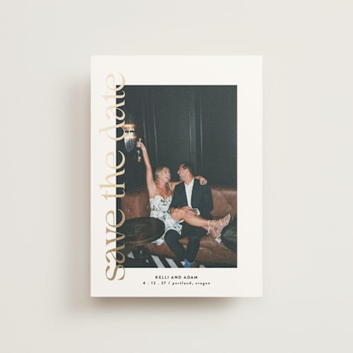 This is a pearl save the date postcards with foil pressed by Roxy Cervantes called cover page printing on signature in postcard