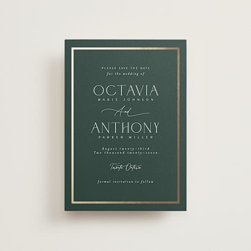 This is a evergreen save the date postcards with foil pressed by Nicole Walsh called regal printing on signature in postcard